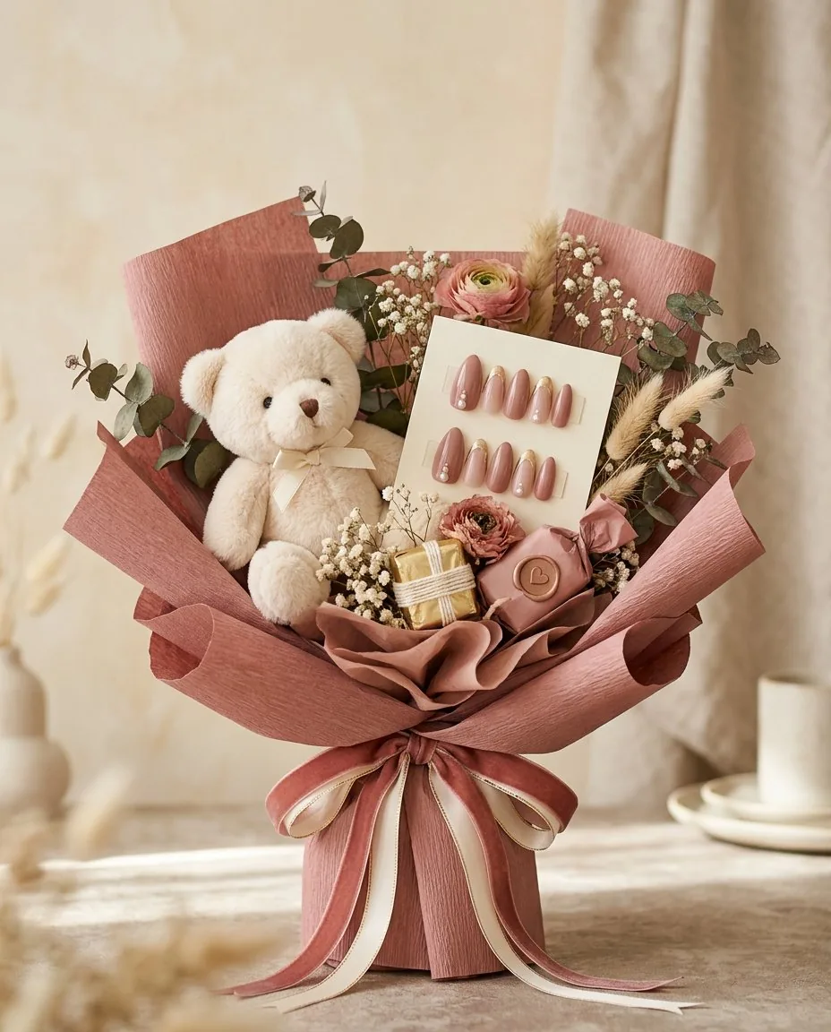 Blush nail bouquet with teddy bear and press-on nail set