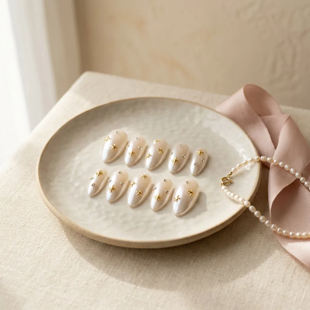 Pearl white press-on nails with delicate gold accents